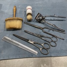 7 Vintage Hairdressers Scissors, Curling Iron, Cutter, Comb, Shaving & DustBrush