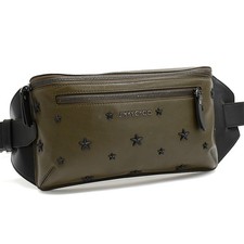 Auth JIMMY CHOO OSCAR Star Studs Belt Bag Bum Bag Khaki Leather Purse T10F
