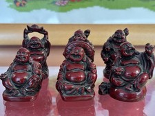 SET OF SIX SMALL LUCKY BUDDHA ORNAMENTS IN BURGUNDY RED BUDDHAS 1 Inch (3cm)