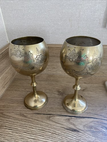 Pair brass goblets floral - goblets,