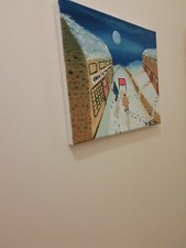 "The Lock In" Northern snow original oil painting, snow, 2 men walking pub inn 