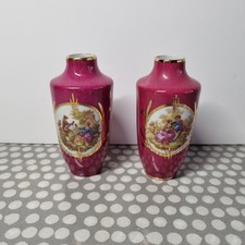 Limoges France Pair Of Small Burgundy Vase With Fragonard Scenes
