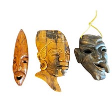 Hand-Carved Wooden Wall Masks Set Of 3 With Tribal & Abstract Faces  Home Decor