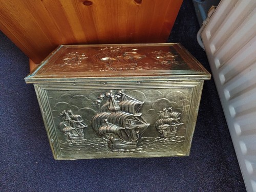 Vintage brass warship coal box - vintage,