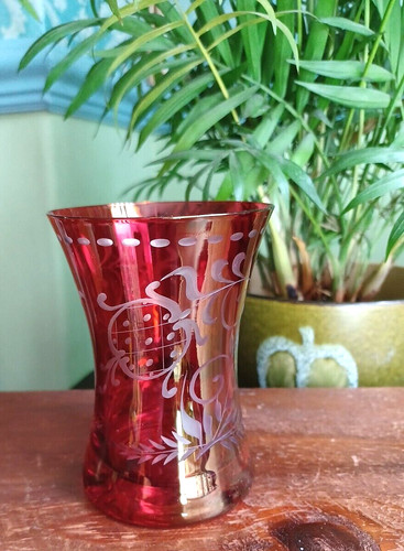 Vintage etched cranberry glass - etched,