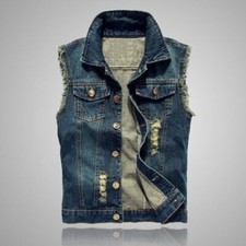 Mens Ripped Denim Vest Sleeveless Trucker Biker Jeans Jacket Waistcoat Gilet