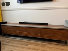 Dwell - TV cabinet with 3 x cupboards, walnut finish with brushed chrome legs