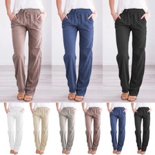 Womens Cotton Linen Wide Leg Casual Loose Long Trousers Bottoms Pant ∂
