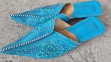 Moroccan Bohemia Cut Work Babouche Leather Shoes Turquoise size 3
