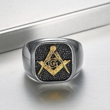 Mens Stainless Steel Gold Freemason Masonic Lodge Ring Silver Size 7-15