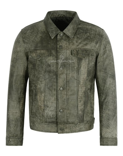 Leather trucker jacket olive - leather,
