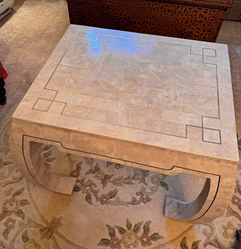 Travertine and brass inlay