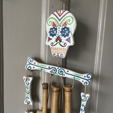 Hand Carved Made Wooden Sugar Skull Candy Day Of The Dead Skeleton Wind Chime