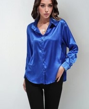 Womens Satin Silk Solid Shirt Ladies Casual Baggy Button-up OL Work Blouse Tops