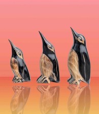 3 Hand Carved Graduated Penguin Figurines Water Buffalo Horn Thailand Art Figure