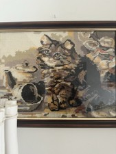 Beautiful Needlepoint Tapestry Cat Kitten. Framed/ For Craft Ect 