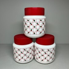 Vintage Milk Glass Storage Jars x 3 with Lids & Retro Geometric Square Pattern