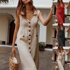 Women Button V Neck Midi Dress