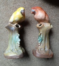Pair of Art Deco Pottery Parrot Spill Vases - Made in Czechoslovakia - c.1930