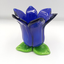 art glass hand blown blue green flower candle holder 9cm