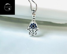Sterling Silver 925 Fatima Lucky Hamsa Palm Hand Pendant And Necklace With CZ 