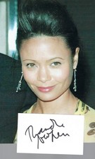 THANDIE NEWTON - FILM & TV ACTRESS- HAND SIGNED 5x3 WHITE CARD + 12x8 PHOTO
