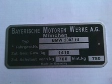 Nameplate BMW 2002 tii 1410 kg plate plate ID tag E10 year of manufacture