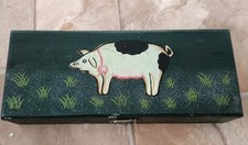 Vintage Wooden Box with Hand-Painted Pig – Rustic Farmhouse Folk Art Country