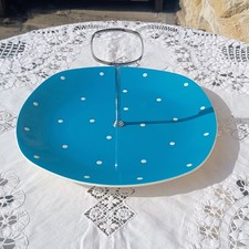 Vintage Midwinter Stylecraft Blue Domino Polka Dot Cake Stand +  Chrome Handle 