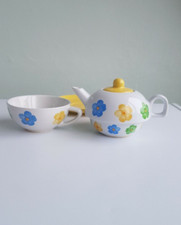  Stacking Teapot Large Cup Saucer, Tea For One, Flowers, Yellow Blue Green White