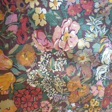 Vtg 50s 60s Interiors Fabric Woodland Flowers Linen Orange Green Brown