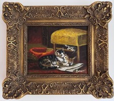 Antique italian oil painting on wood panel Cat and Kittens framed signed