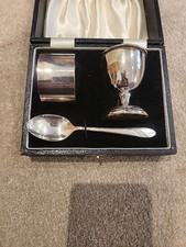 Silver Christening Set Named Eggcup, Spoon, Napkin, Ring