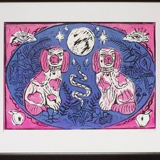 Framed Linocut Print Dogs