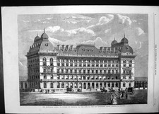 Original Old Antique Print Grosvenor Hotel Belgravia 1860 Horse And Cart Women
