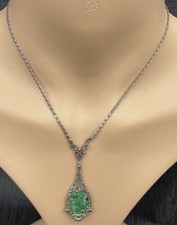 Art Deco Chinese Carved Pendant  Apple Jade- Jadeite  Marquise Silver Necklace