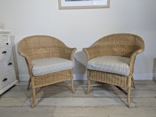 Pair Woven Wicker Armchairs Cane Chairs Padded Seat Cushions Delivery Available 
