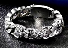 Low Priced Stone Hand Engraved WovenDoubleLeopard Head UnisexSiverBracelet 22cm 