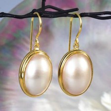 Earrings White Mabe Pearl Oval & 18K Gold Vermeil over 925 Sterling Silver 5.58g