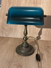 Vintage Art Deco Style Brass Banker's Desk Lamp, BLUE GREEN Glass Shade