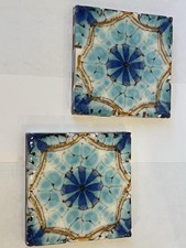 TWO Moroccan Moorish Rustic Clay Tile 4” X 4” Navy Turquoise White Douja Rustico