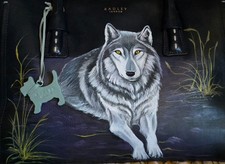 Radley Navy Blue Leather 2 Handled Bag Hand Painted Resting Wolf Shoulder Strap