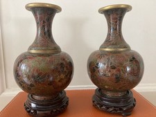 Lovely Mirrored Pair Of Vintage 20th C Chinese Cloisonné Vases original labels