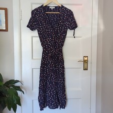 Kew Navy Blue Brown Grey Pattern Short Sleeve Wrap Style Dress Viscose Belt 12