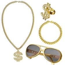 Hip Hop Costume Set Fake Gold Chain 80s/90s Party Fancy Dress Dollar Necklace