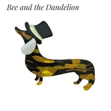 Layered Acrylic Dachshund Sausage Dog Wearing A Top Hat Brooch .