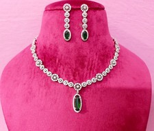Indian CZ Necklace With Earrings Green Emerald Stone Studded Statement Jewellery
