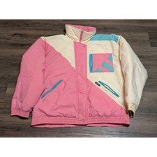 Aspen 80s Retro Ski Jacket Pink Cream Teal Colorblock Puffer Full Zip Size L