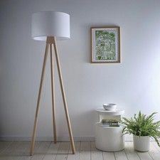 Oak Wood Tall Tripod Floor Lamp With a Large Drum Shade And Matching Table Lamp