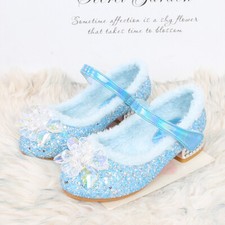 Kids Girls Frozen Princess Shoes Elsa Fancy Party Sequin Flower Fur Lined Shoes